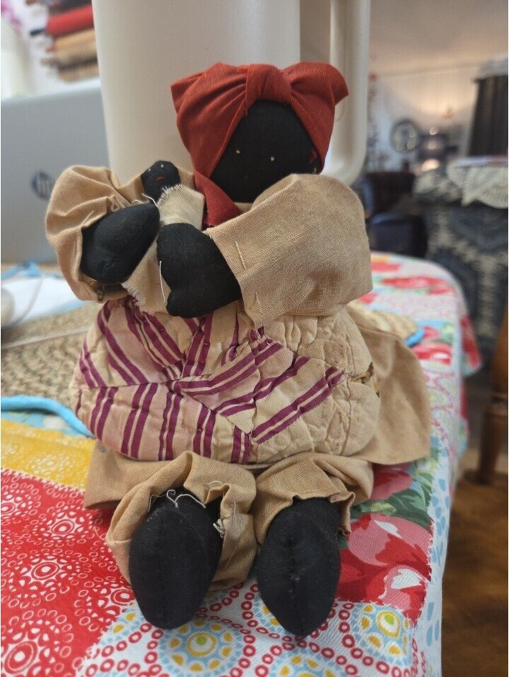 Vintage Handmade Black Folk Art Mother and Baby Cloth Doll